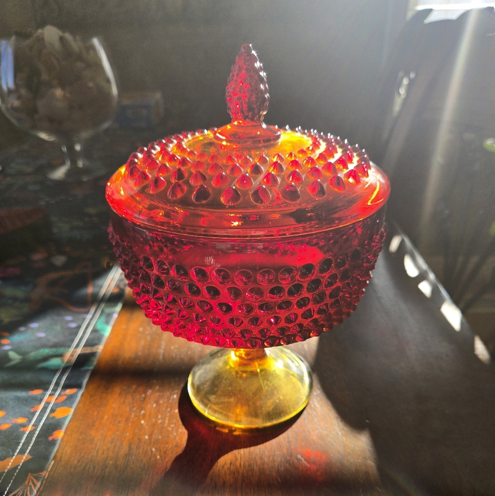 Vintage Amberina Red Hobnail Glass Covered Compote - UV Reactive